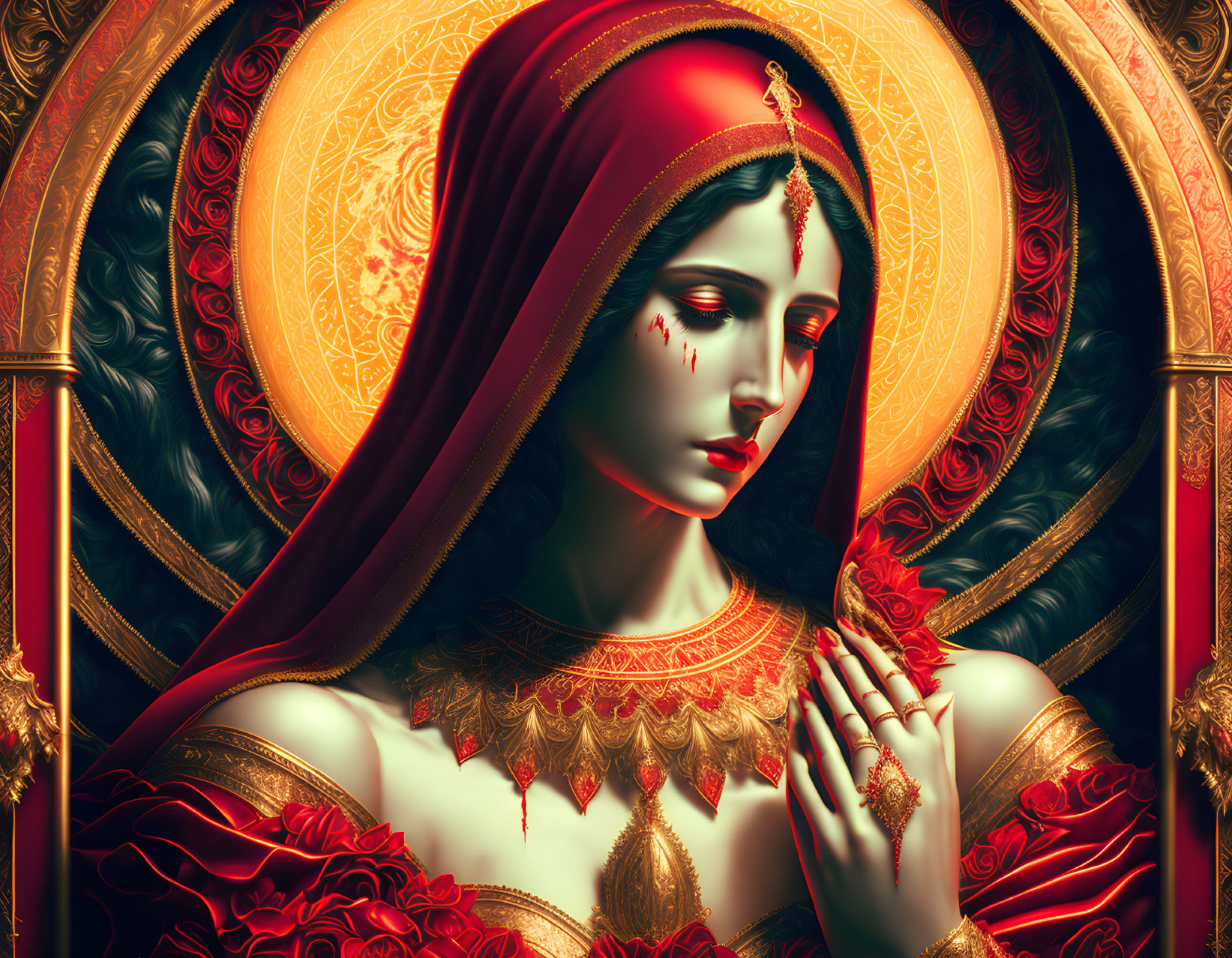 Detailed Illustration: Woman with Red Veil, Golden Jewelry, Mystical Ambiance