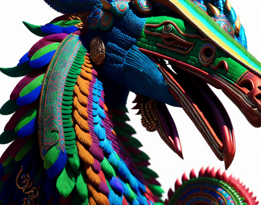 Colorful Dragon Alebrije Sculpture with Intricate Patterns & Feathers on White Background