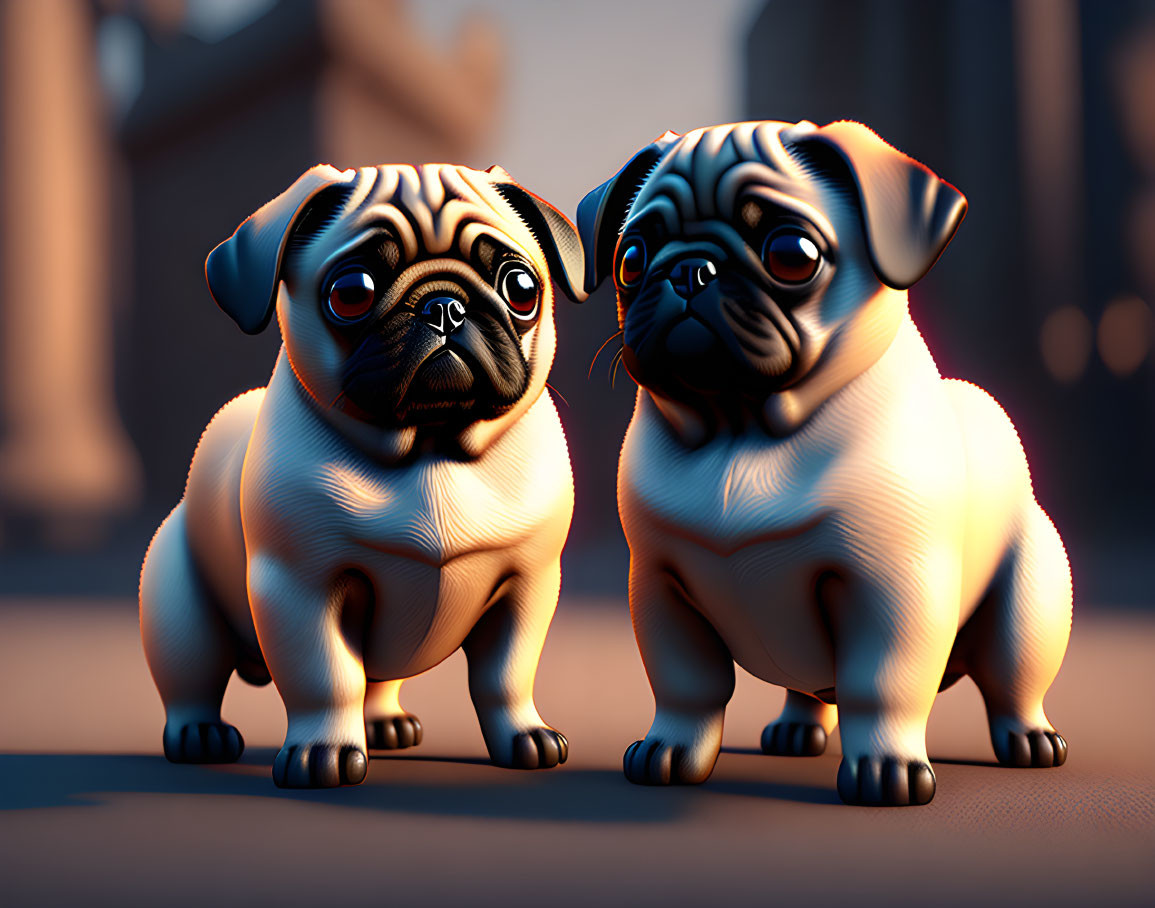 Two animated pugs in city setting at dusk with expressive eyes and glossy coats