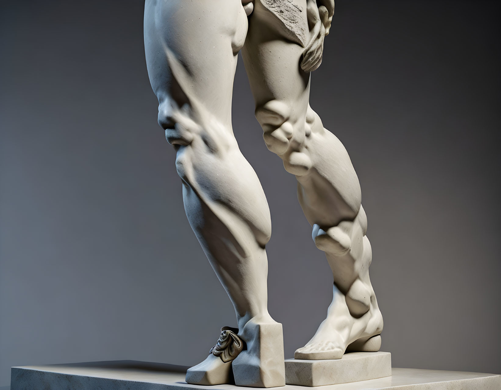 Detailed Close-Up of Classical Marble Statue's Leg Muscles and Drapery