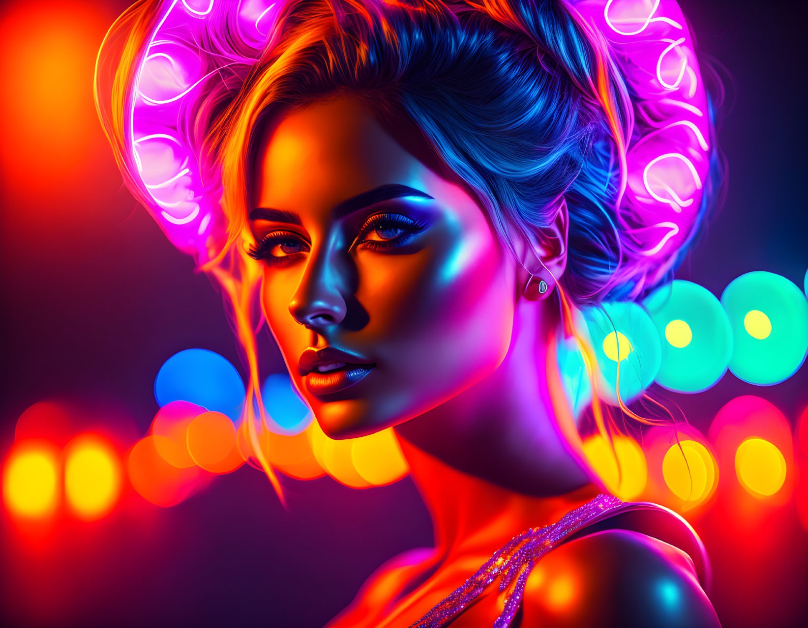 Colorful digital artwork: Woman with neon glow makeup and lights in blue, purple, and orange with