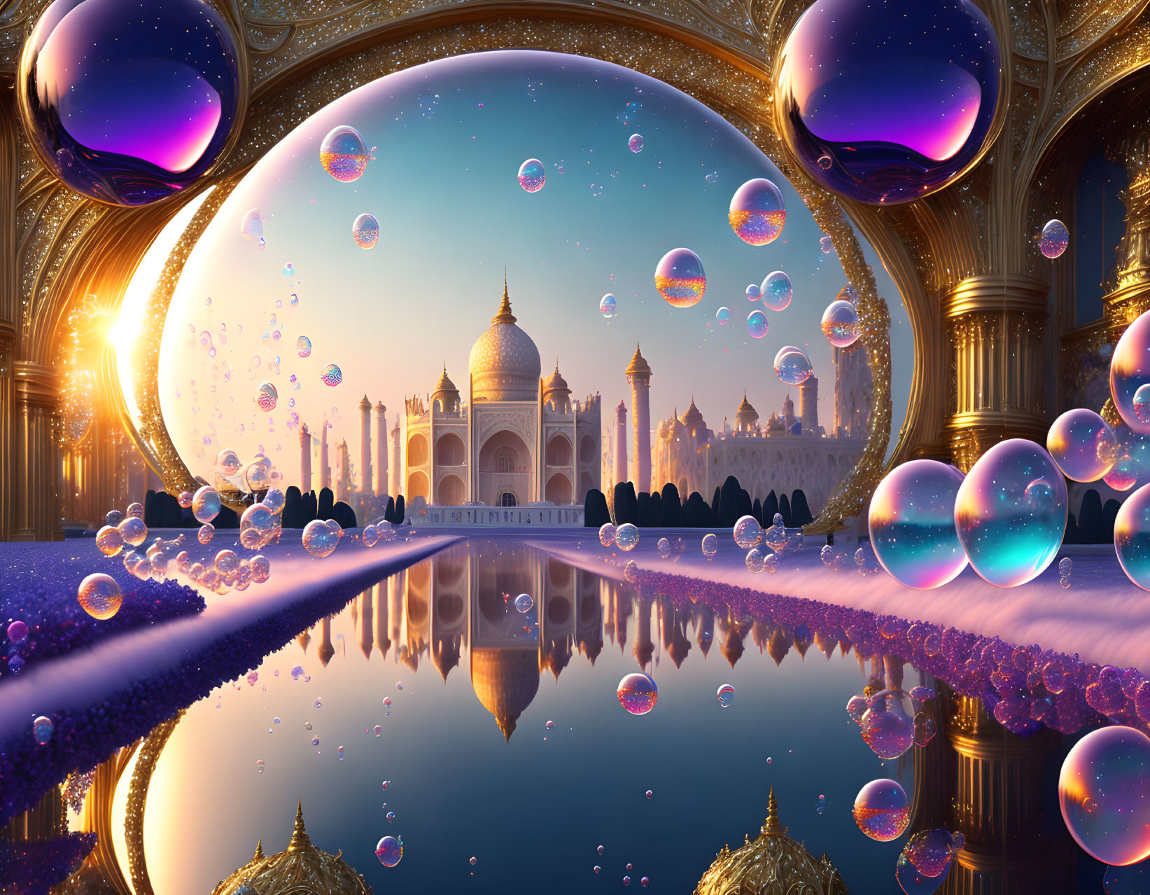 Taj Mahal sunrise scene with reflecting pool, iridescent bubbles, and golden arches