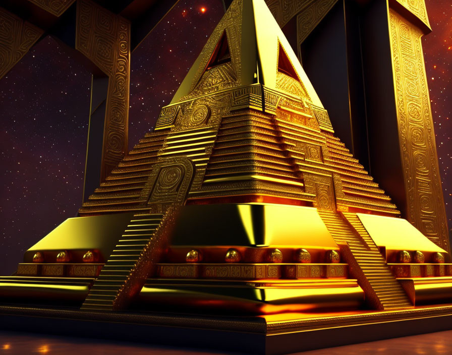 Glowing golden pyramid digital illustration on starry night sky