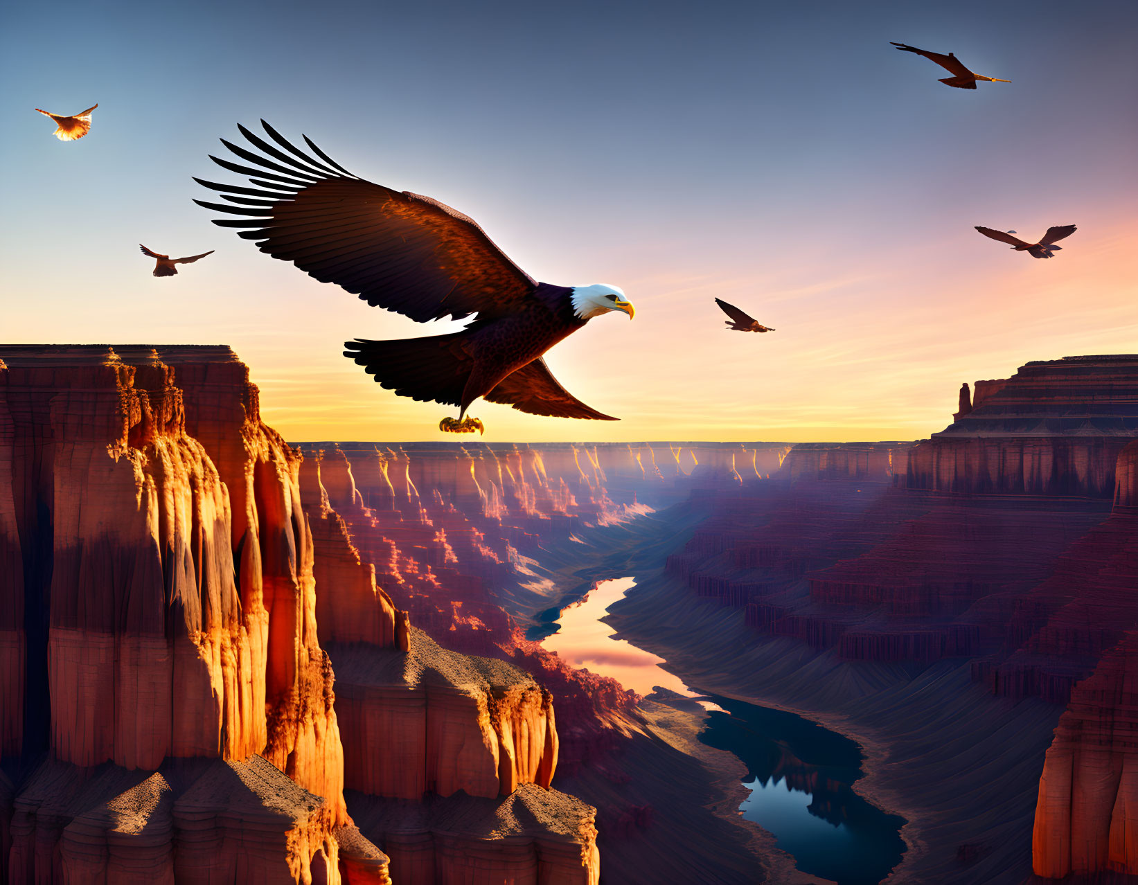 Eagle flying over red canyon at sunset with smaller birds.