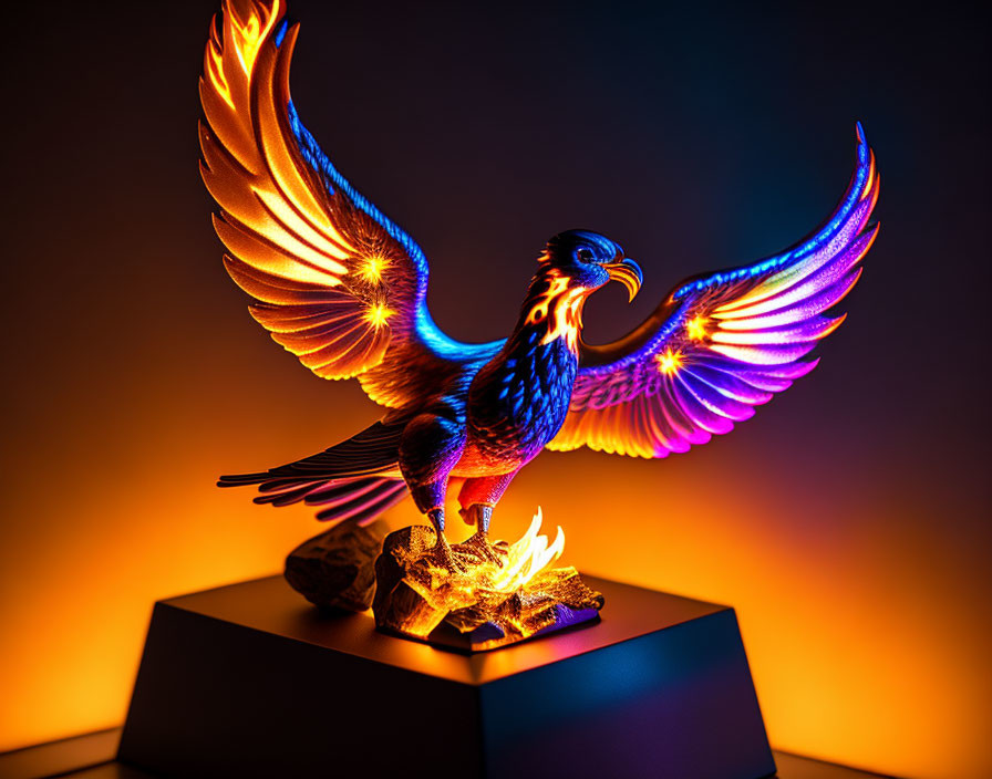 Colorful Phoenix Figurine with Illuminated Wings on Stand against Gradient Background