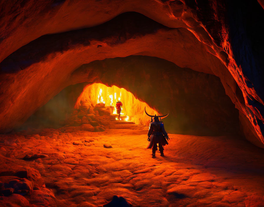 Fantasy warriors in mystical cave with eerie orange light