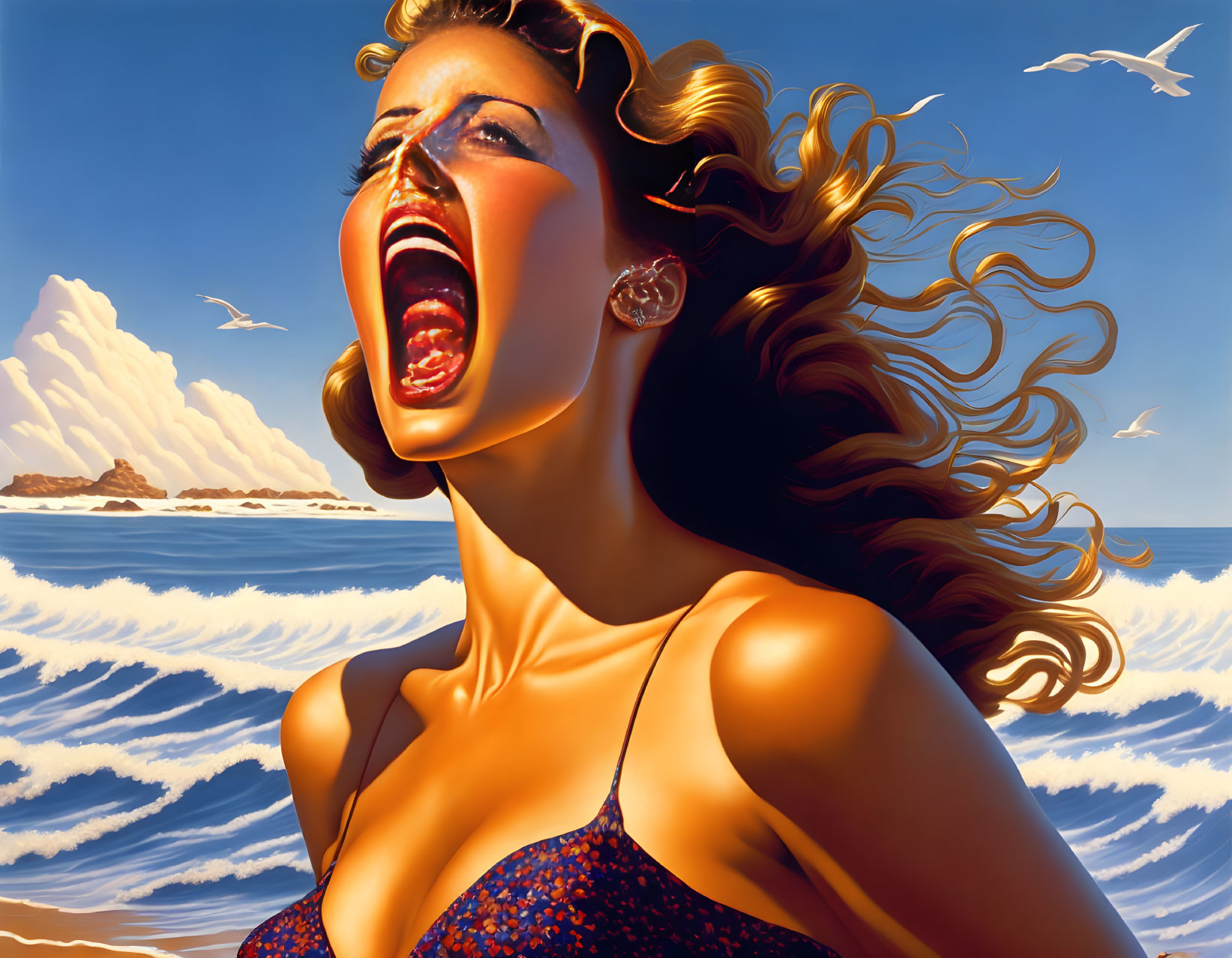 Hyperrealistic painting of woman by the sea with open mouth and windswept hair.