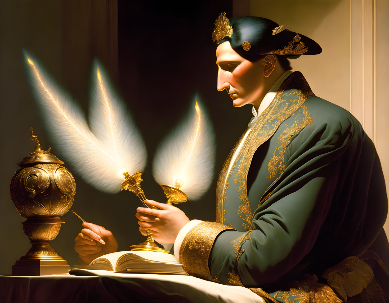 Historical figure at desk with handheld light object, book, and gold urn.