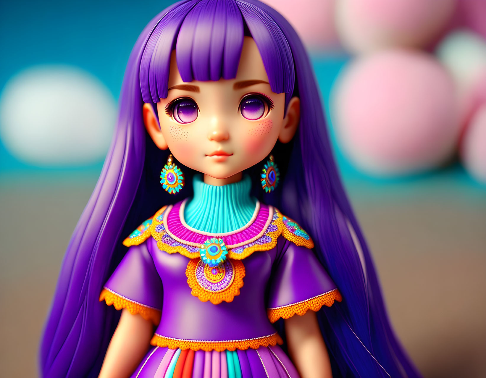 Detailed close-up of doll with purple hair, large eyes, colorful attire