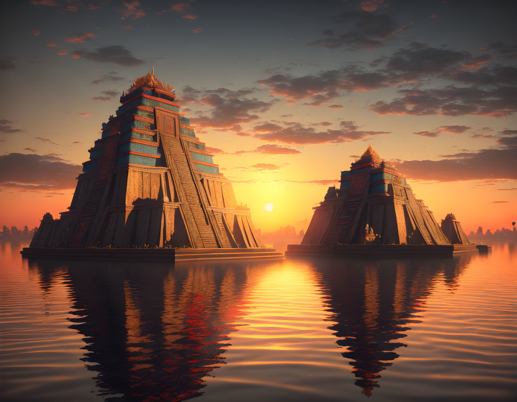 Sunset illuminating ancient Mesoamerican pyramid structures