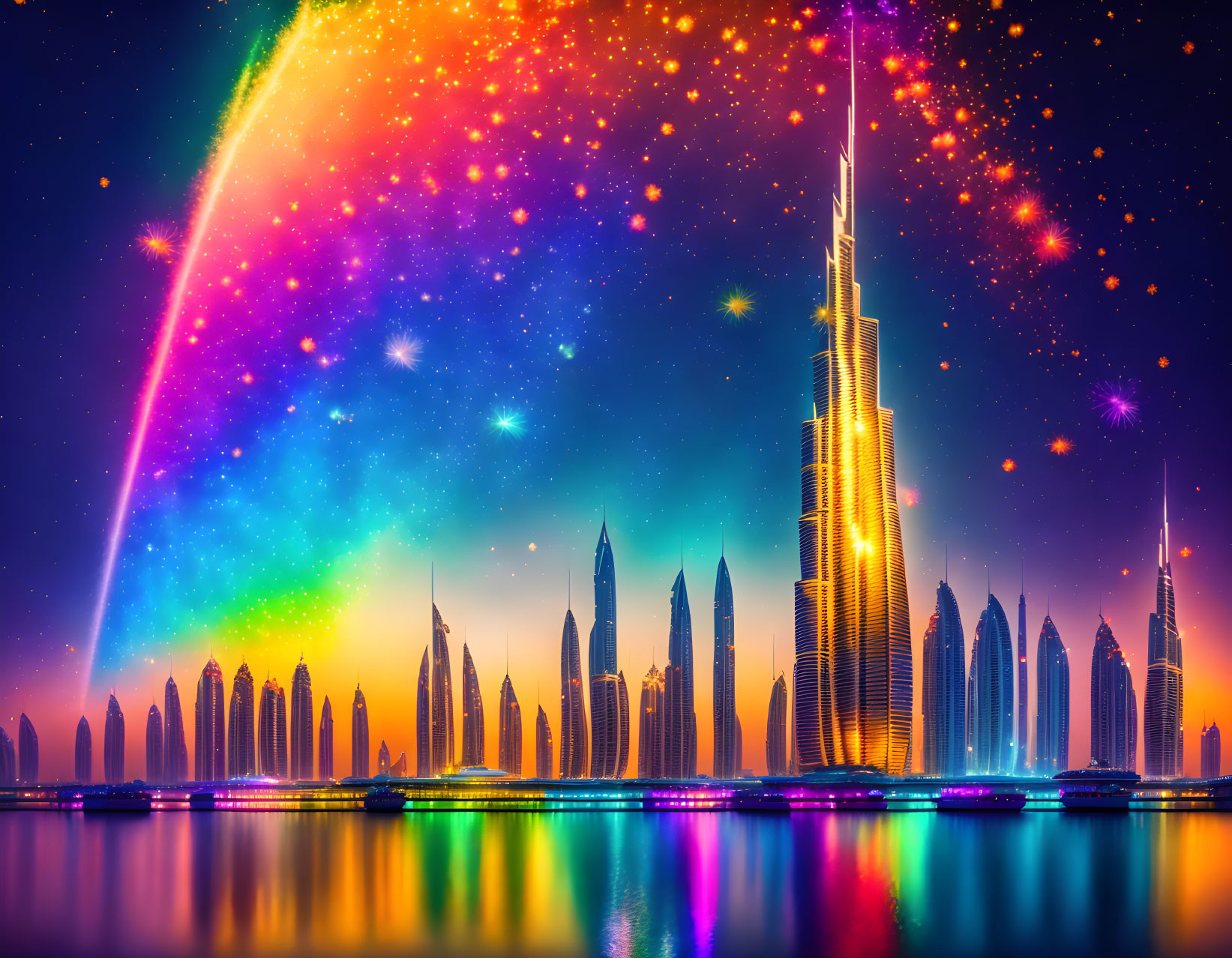 Futuristic city skyline with neon lights and cosmic display