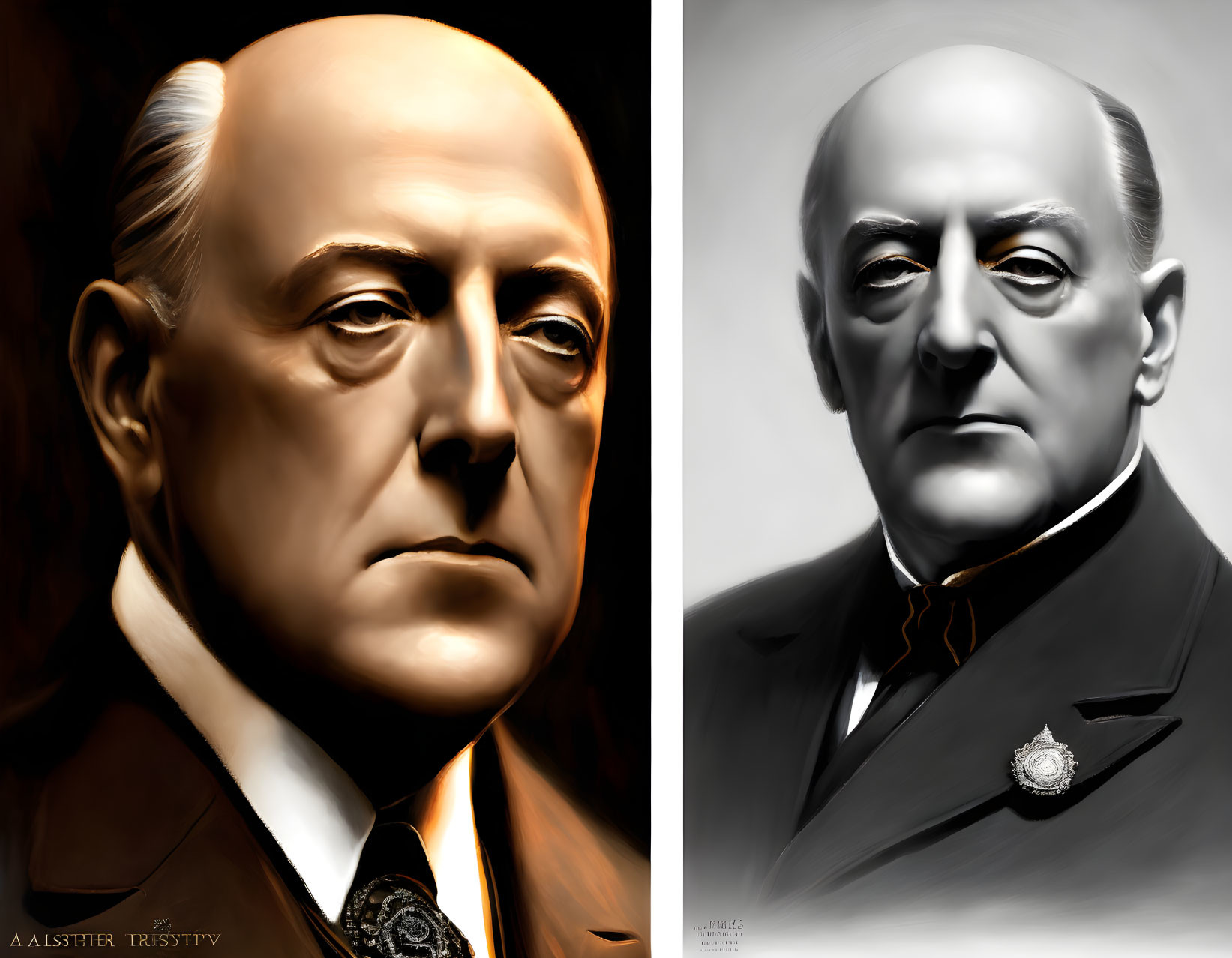 Stylized portraits of distinguished older man in dark suit and tie