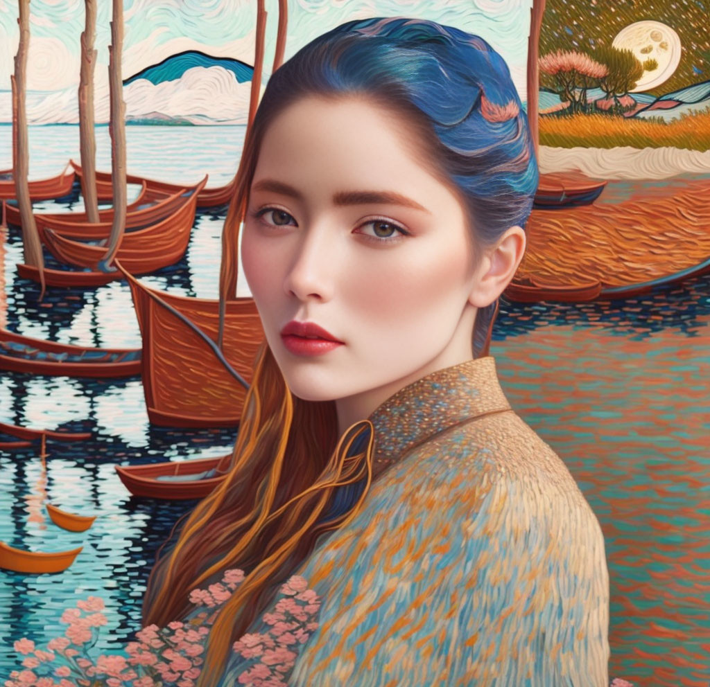 Surreal portrait of a woman with blue hair highlights by river boats