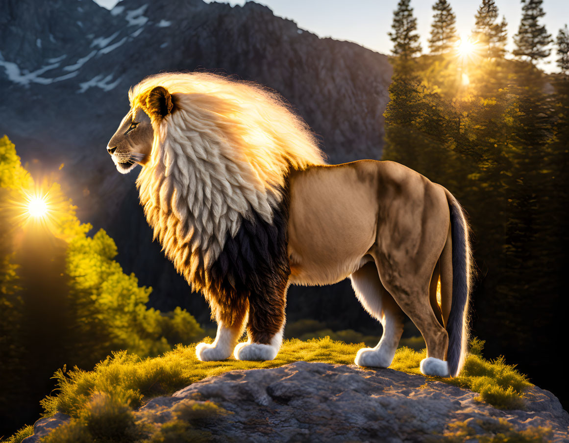 Majestic lion on rocky outcrop at sunrise/sunset