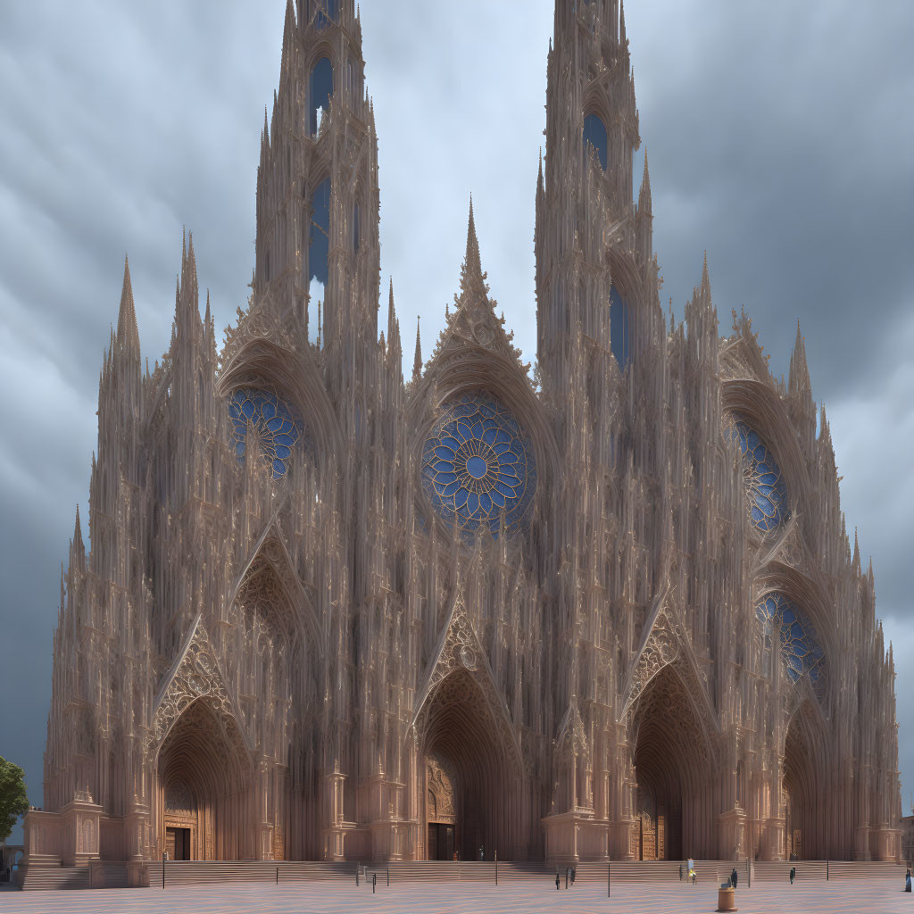 Gothic Cathedral with Twin Spires and Rose Window under Cloudy Sky