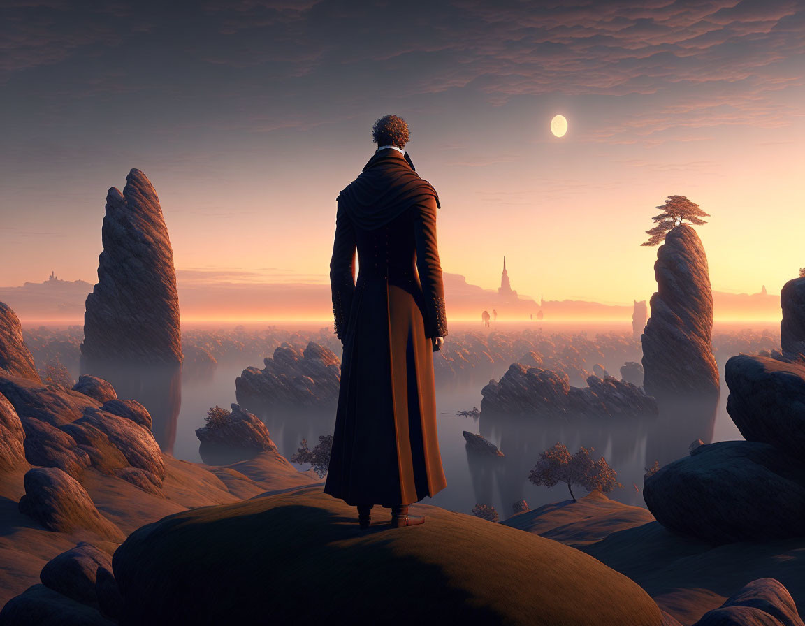 Cloaked figure at sunrise on rocky overlook with castle in the distance