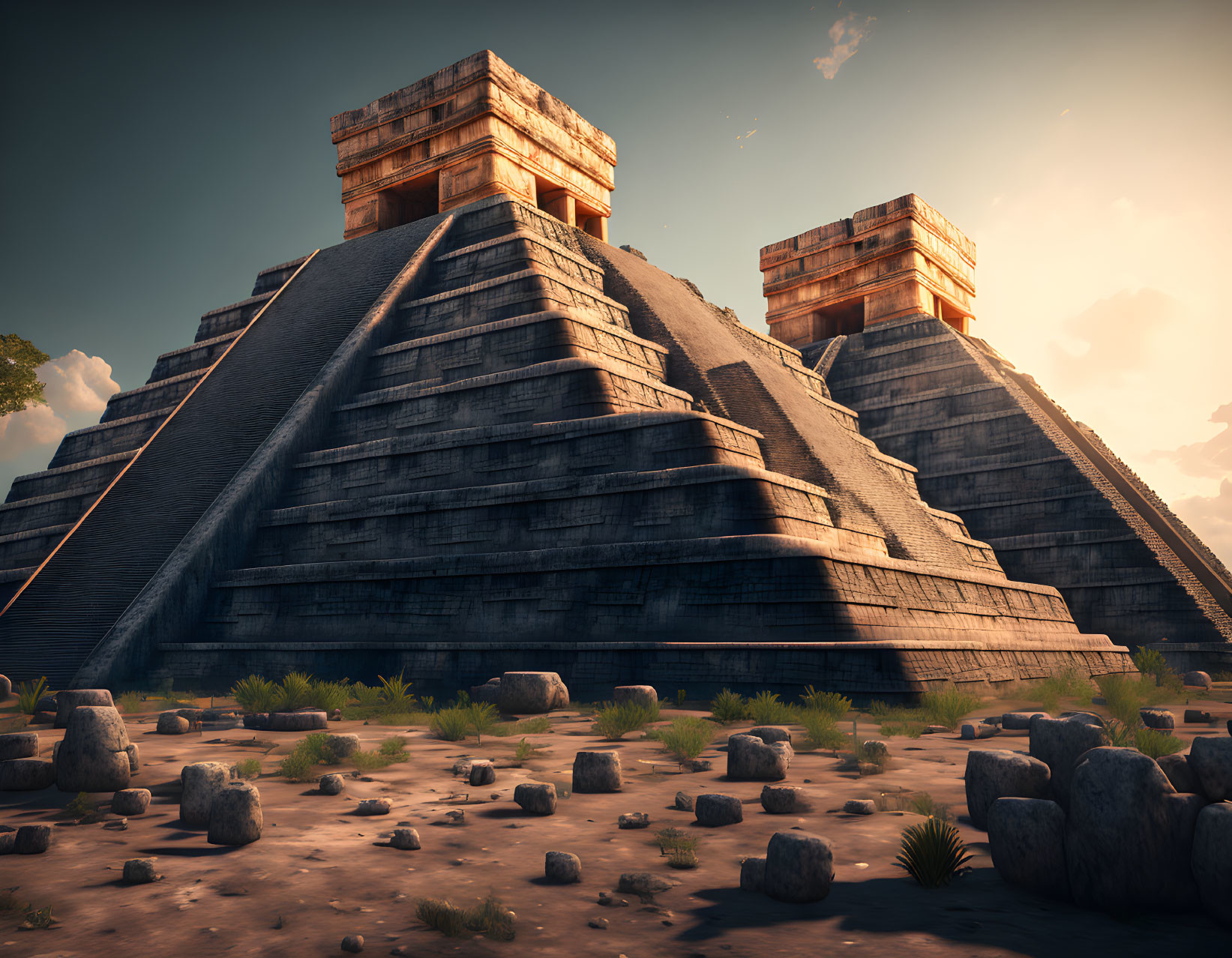 Ancient Mesoamerican Pyramid with Stone Steps and Temple at Sunset