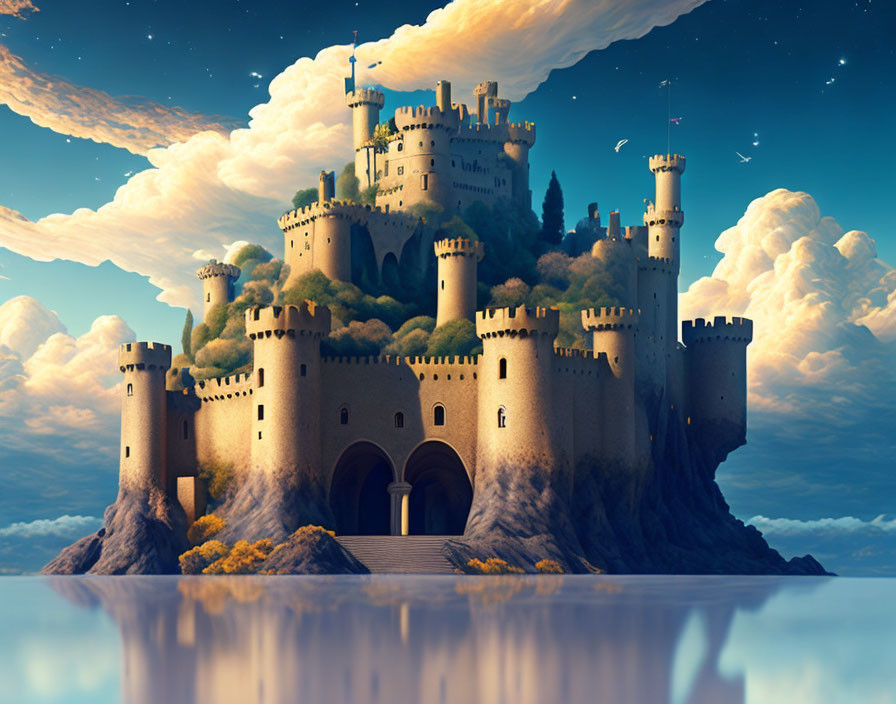 Majestic castle with towers and battlements on rocky island reflected in water