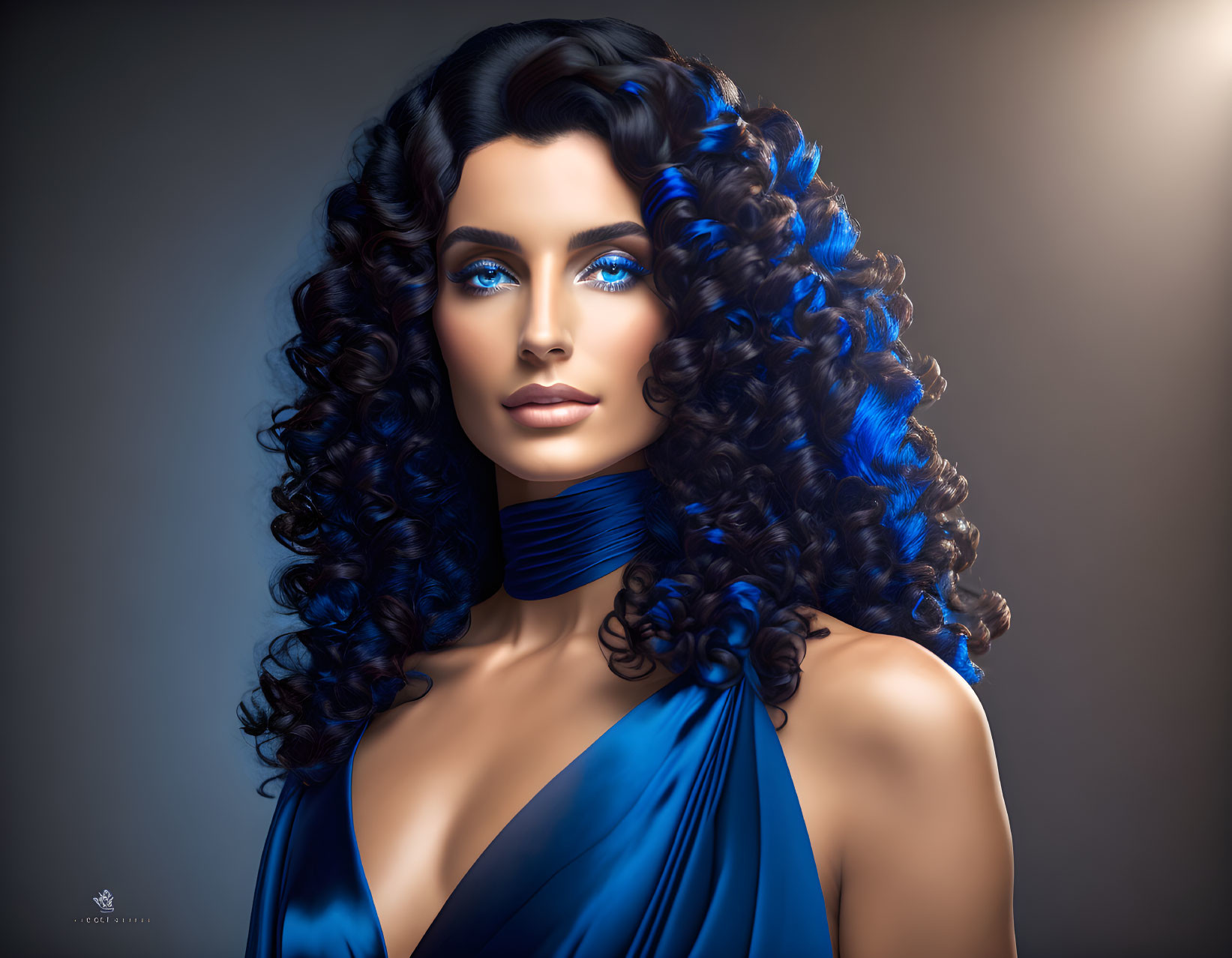 Elegant digital artwork featuring woman with blue curls and dress