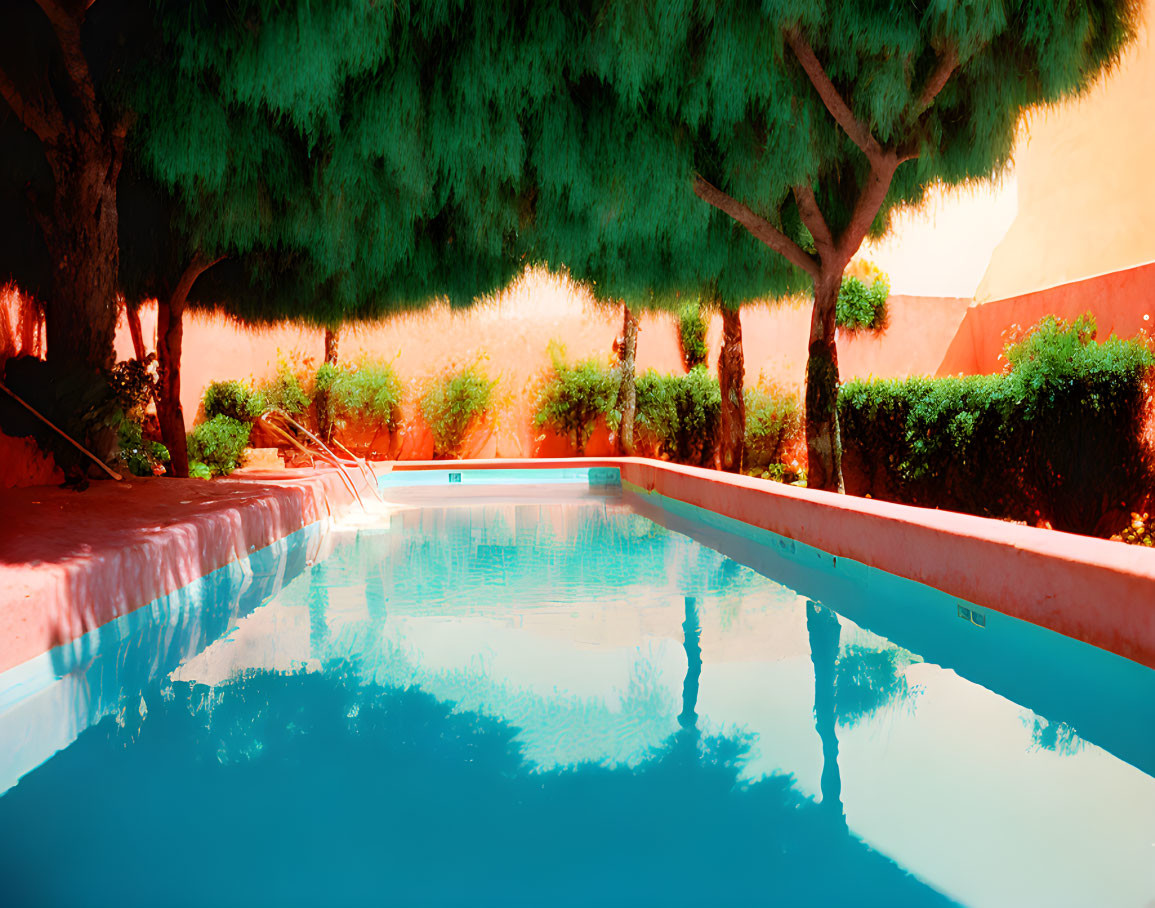 Tranquil pool with blue water, green trees, and orange wall in warm light