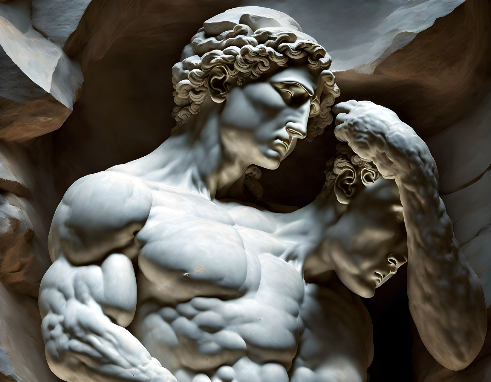 Detailed sculpture of muscular male figure with curly hair carrying another figure, set against rock background