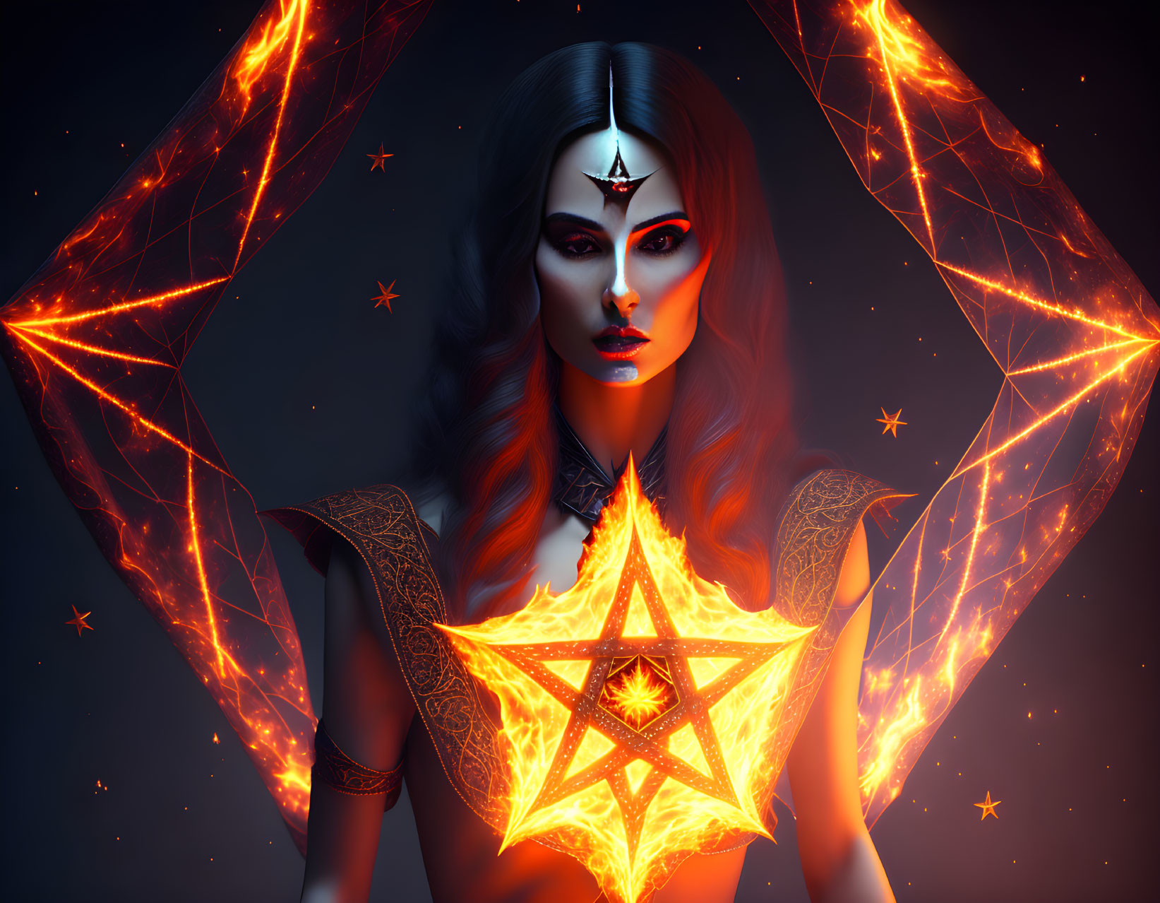 Mystical female figure with glowing eyes and pentagram in fiery geometric setting