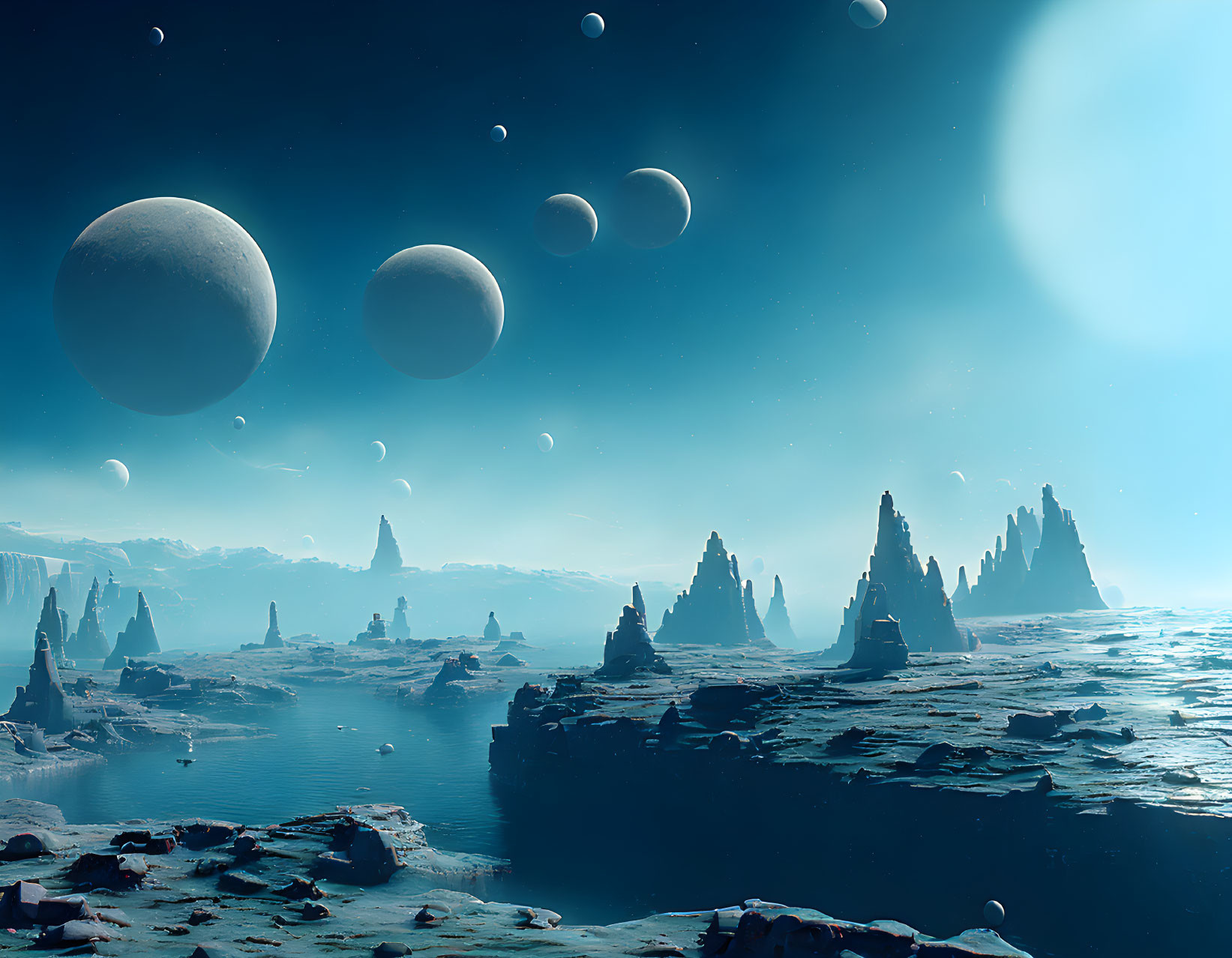 Alien landscape with towering rock formations and moons in serene waters