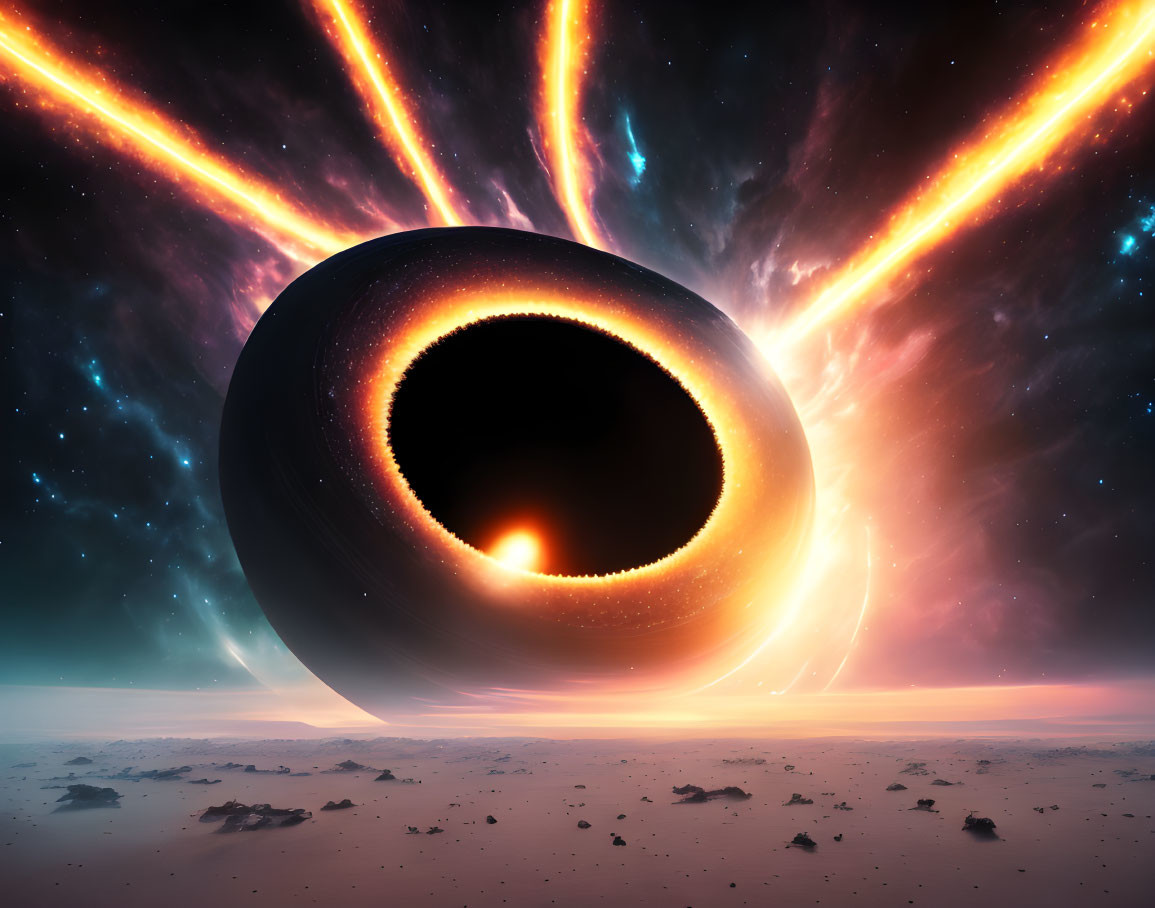 Surreal black hole with fiery rings in starry sky and descending comets.