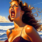 Hyperrealistic painting of woman by the sea with open mouth and windswept hair.