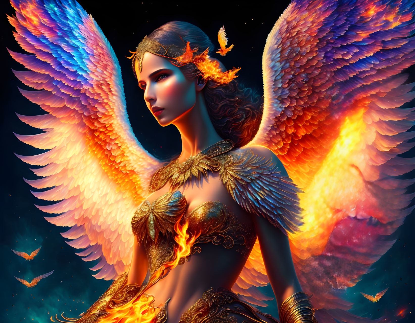 Mythical woman with fiery wings and golden armor in cosmic setting