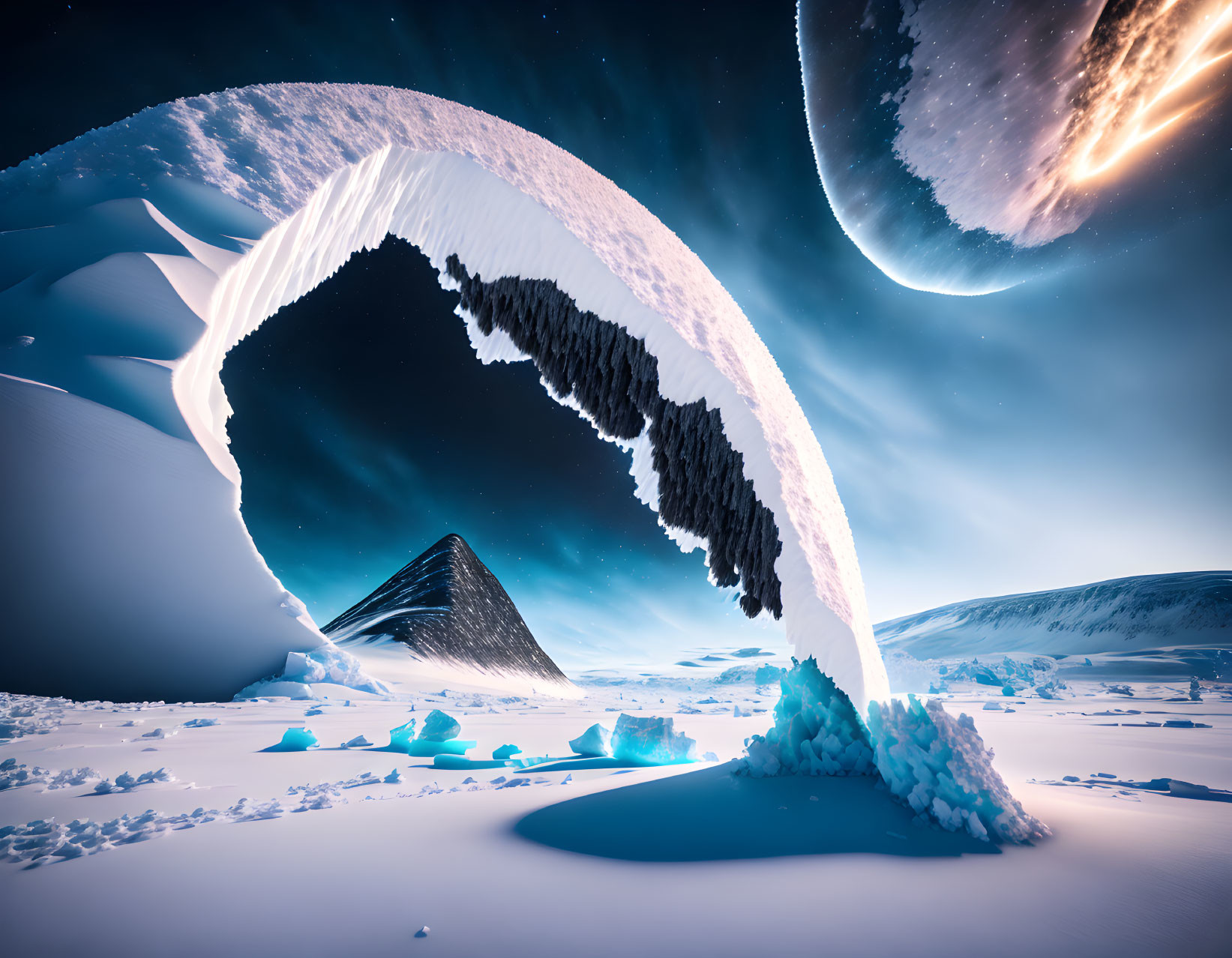 Surreal icy landscape with arching structure, comet, and pyramid-shaped mountain