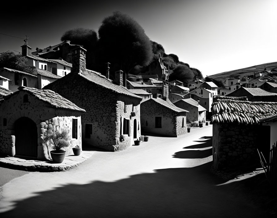 Monochrome village scene with stone houses and smoke plume