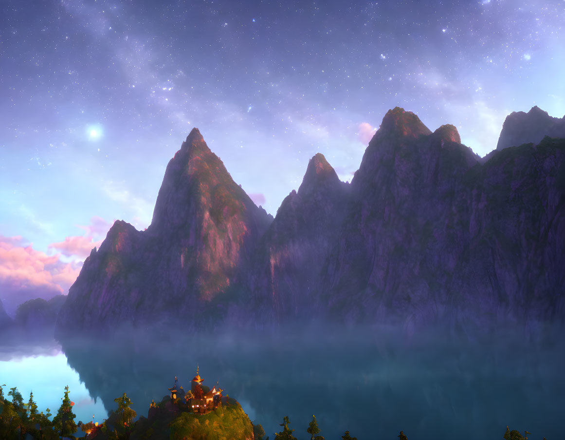 Majestic mountains under starlit sky with misty lake and village at foothills