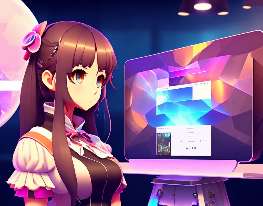 Brown-haired anime girl with bow gazes at glowing computer screen in dimly lit room