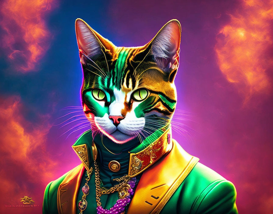 Colorful digital artwork: Cat with human-like body in regal attire on nebulous background