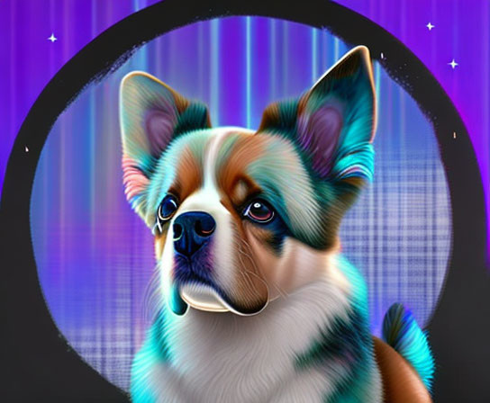 Colorful Corgi digital art on cosmic background in circular frame