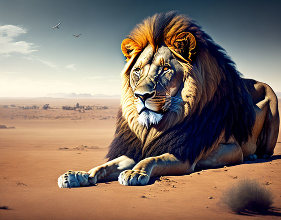 Majestic lion resting on desert sands under vast sky with soaring birds