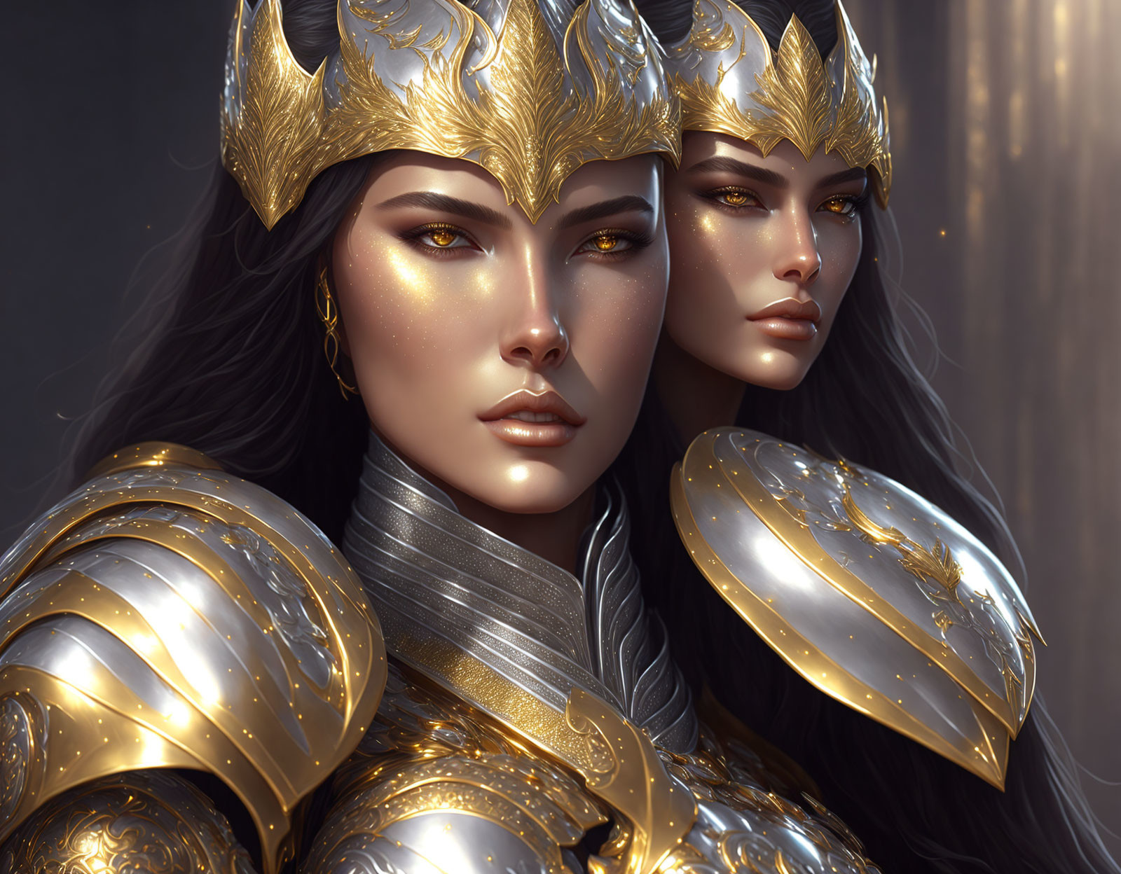 Female warriors in golden armor and elaborate helmets with regal aura.