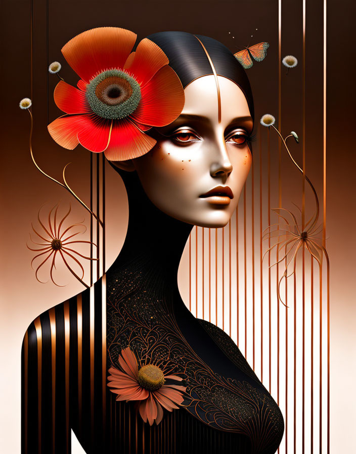 Surreal portrait of woman with red flower hat and butterflies on brown background