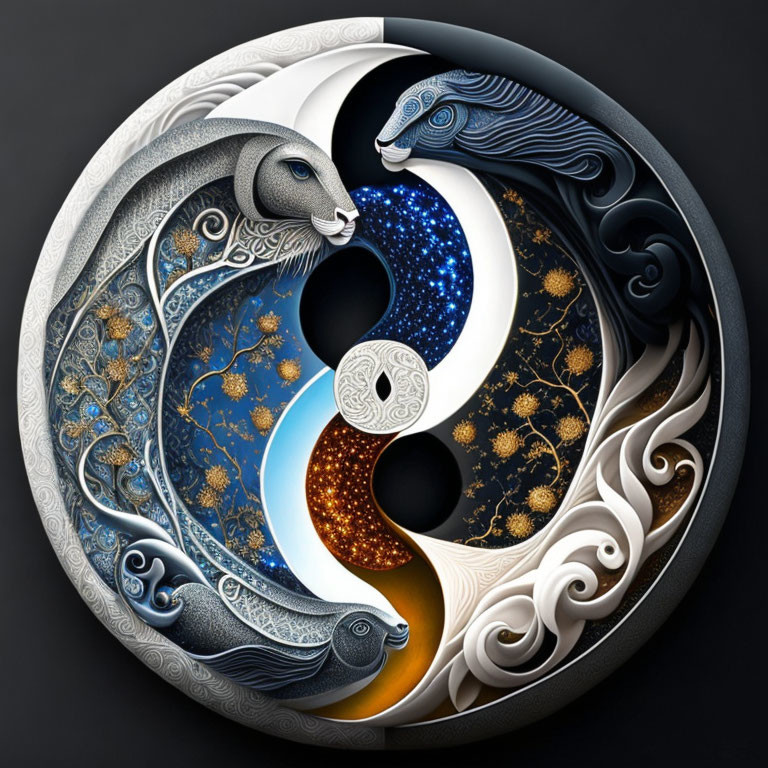 Intricate Yin Yang symbol with serpents and cosmic motifs