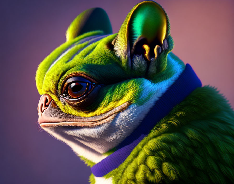 Colorful digital art: bird-bodied creature with green feathers and dog's face.