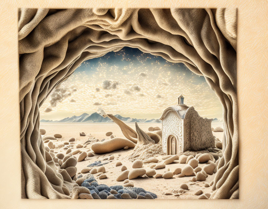 Surreal white chapel in sandy landscape with starlit cave entrance