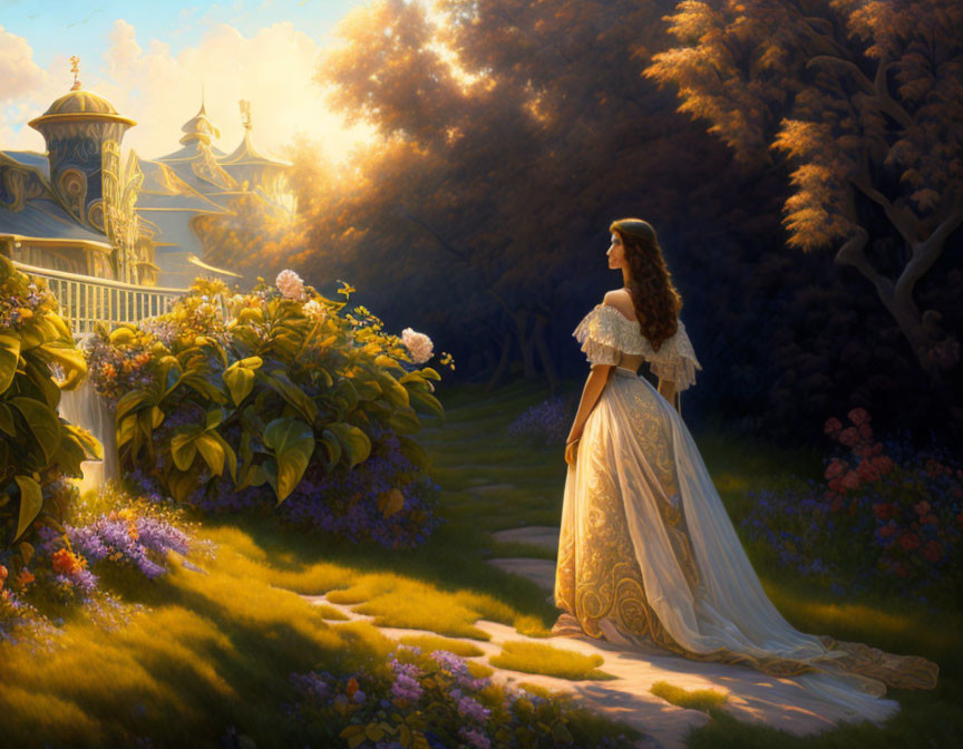 Woman in elegant gown in sunlit garden by palace surrounded by lush greenery.