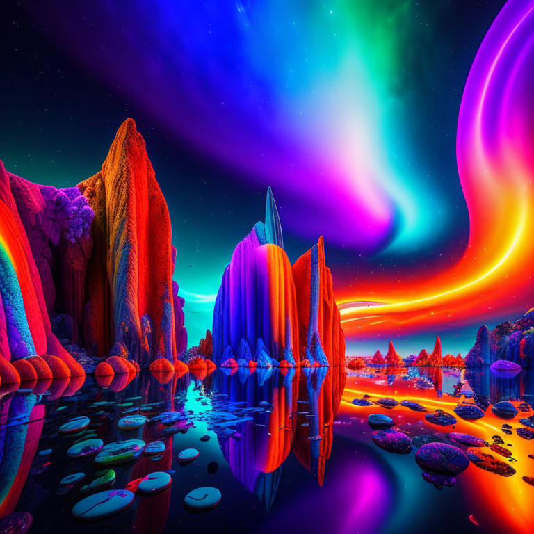 Colorful surreal landscape with neon rock formations, reflective water, and aurora-lit sky