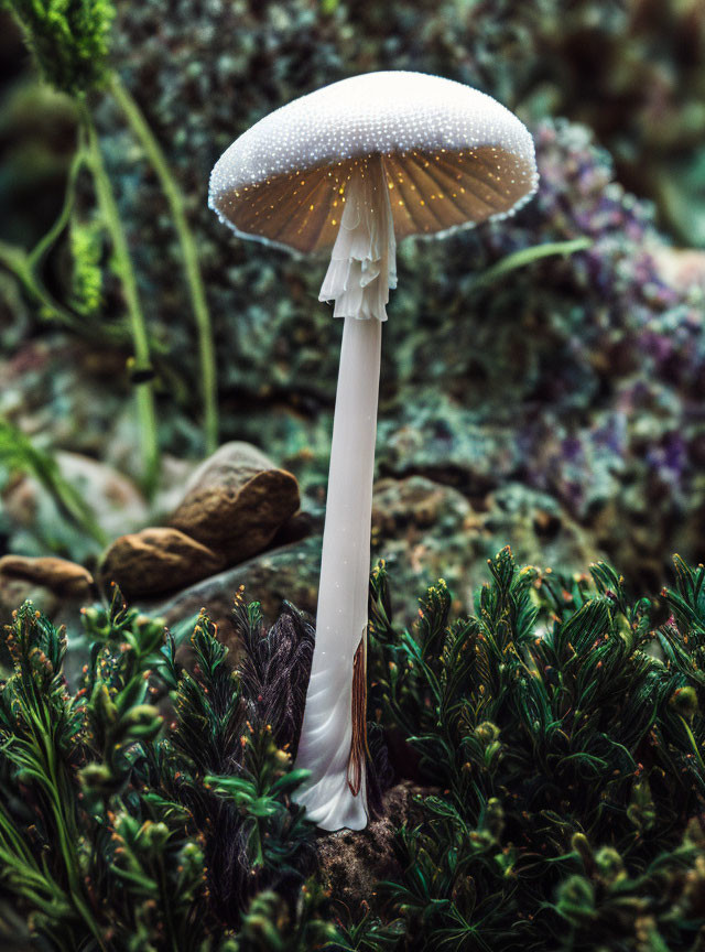 White Mushroom with Dotted Cap in Lush Green Setting