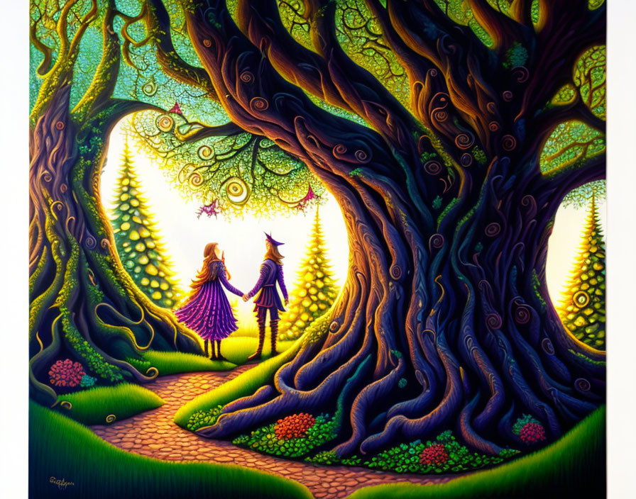 Illustration: Two figures in Victorian attire in enchanted forest