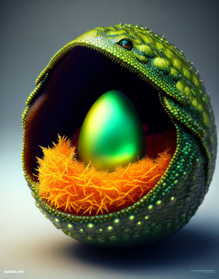 Stylized digital artwork of green dragon egg in fiery nest