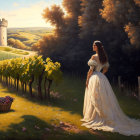 Woman in elegant gown in sunlit garden by palace surrounded by lush greenery.