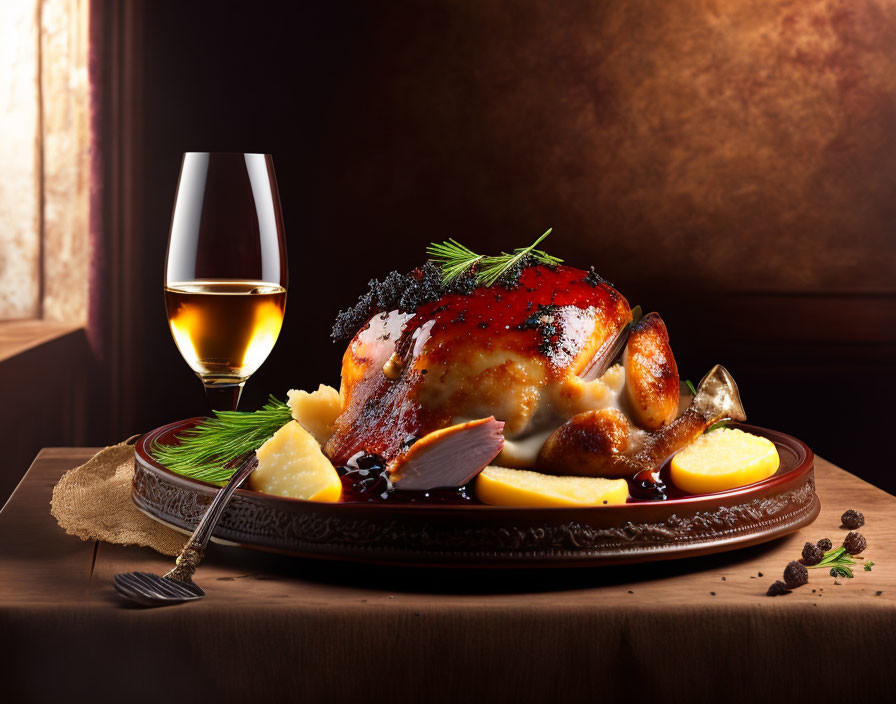 Roasted chicken with lemon and herbs, potatoes, and wine on elegant dark background