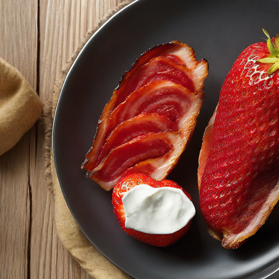 Food photography: Black plate with bacon, strawberry, and cream on wooden background